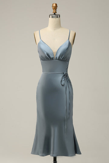 Grey Blue Sheath Spaghetti Straps Satin Midi Bridesmaid Dress